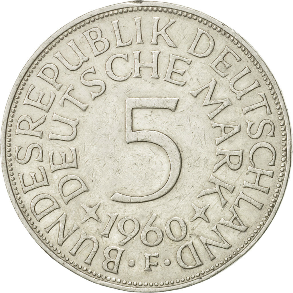 GERMANY - FEDERAL REPUBLIC, 5 Mark, 1960, Stuttgart, AU(50-53), Silver, KM:112.1