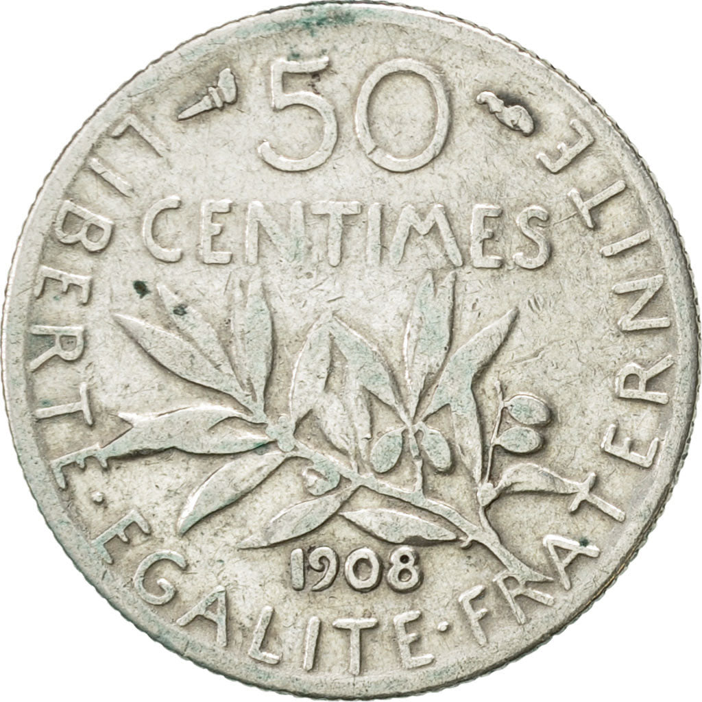 Coin, France, Semeuse, 50 Centimes, 1908, Paris, EF(40-45), Silver, KM:854