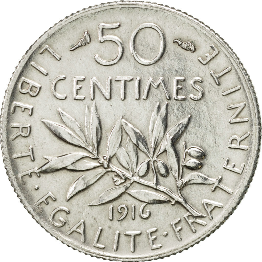 France, Semeuse, 50 Centimes, 1916, Paris, AU(55-58), Silver, KM:854