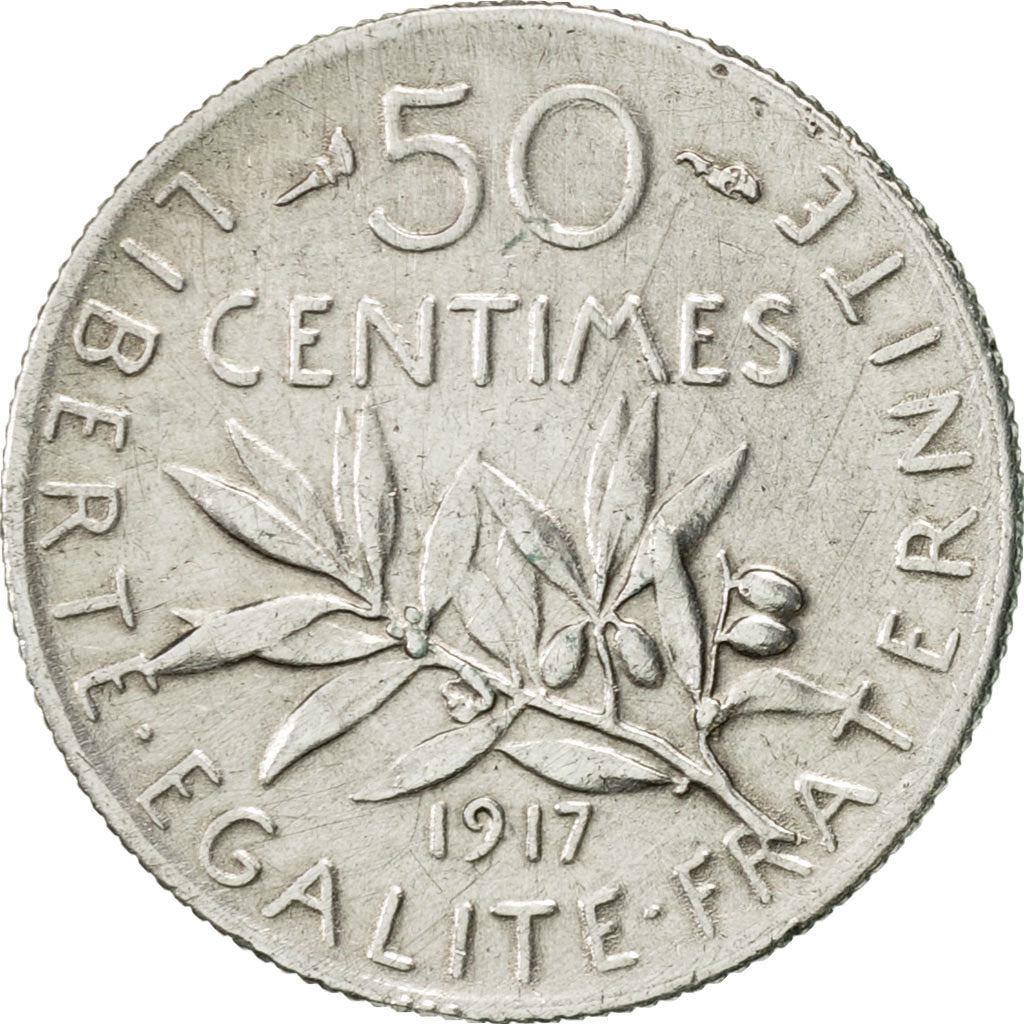 France, Semeuse, 50 Centimes, 1917, Paris, AU(55-58), Silver, KM:854