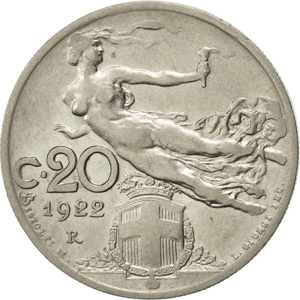 Italy, Vittorio Emanuele III, 20 Centesimi, 1922, Rome, AU(55-58), Nickel, KM:44