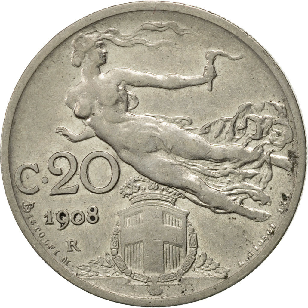 Coin, Italy, Vittorio Emanuele III, 20 Centesimi, 1908, Rome, AU(55-58), Nickel
