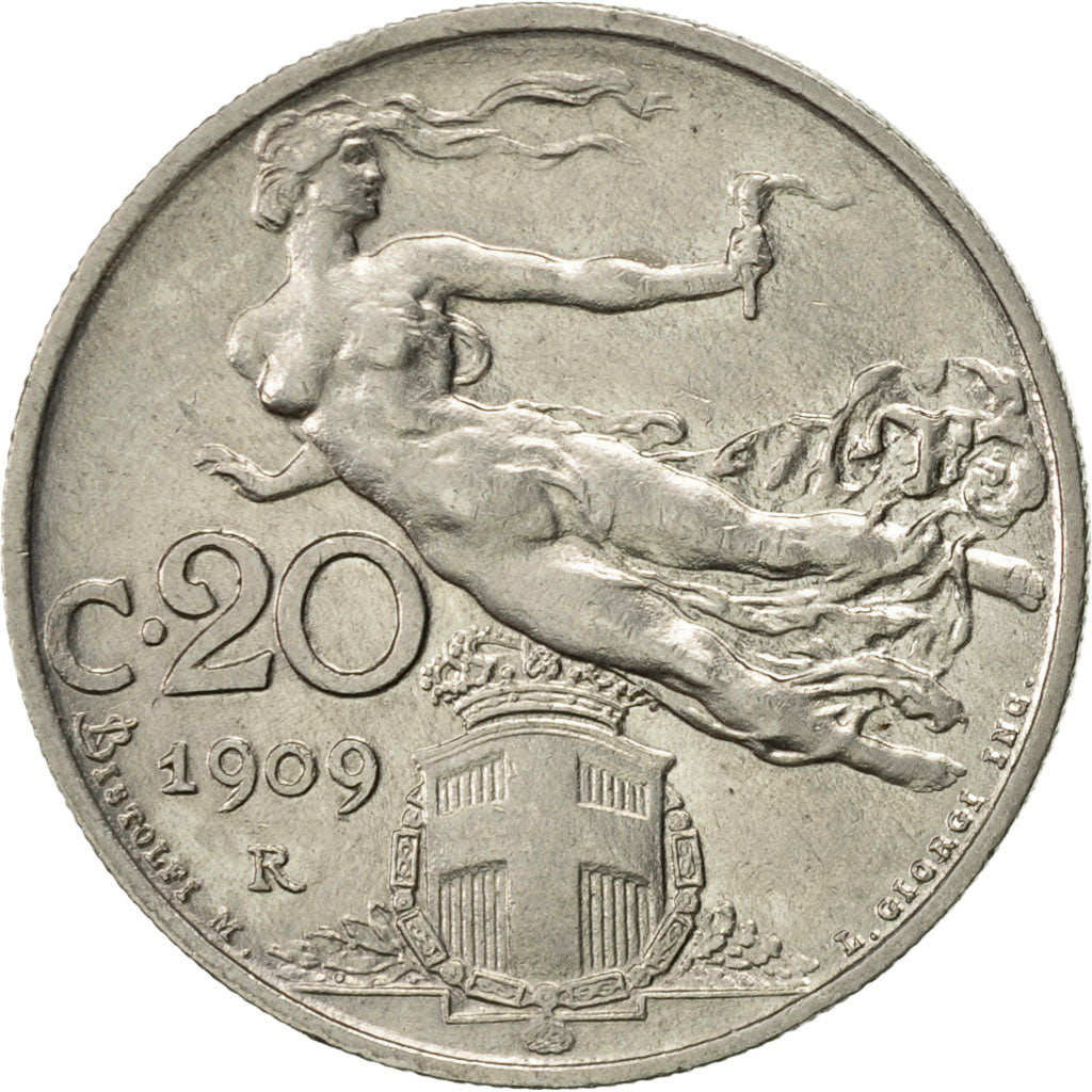 Italy, Vittorio Emanuele III, 20 Centesimi, 1909, Rome, AU(55-58), Nickel, KM:44