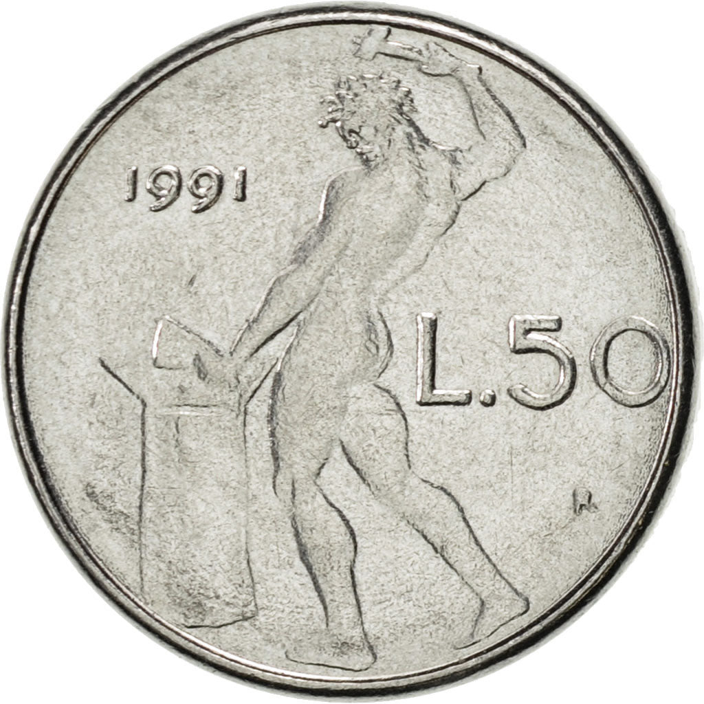 Coin, Italy, 50 Lire, 1991, Rome, AU(55-58), Stainless Steel, KM:95.2