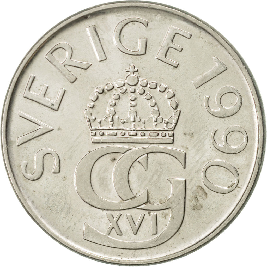 Coin, Sweden, Carl XVI Gustaf, 5 Kronor, 1990, AU(50-53), Copper-nickel, KM:853