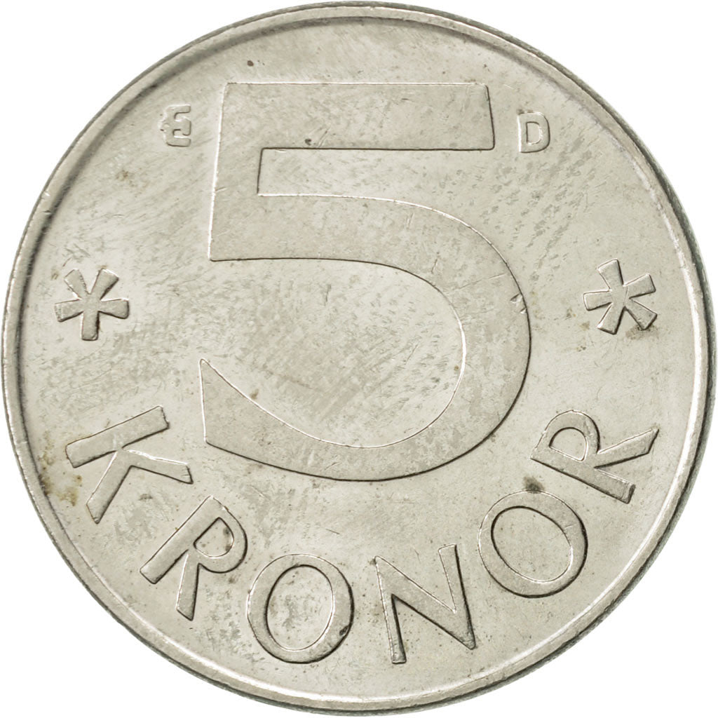 Coin, Sweden, Carl XVI Gustaf, 5 Kronor, 1990, AU(50-53), Copper-nickel, KM:853