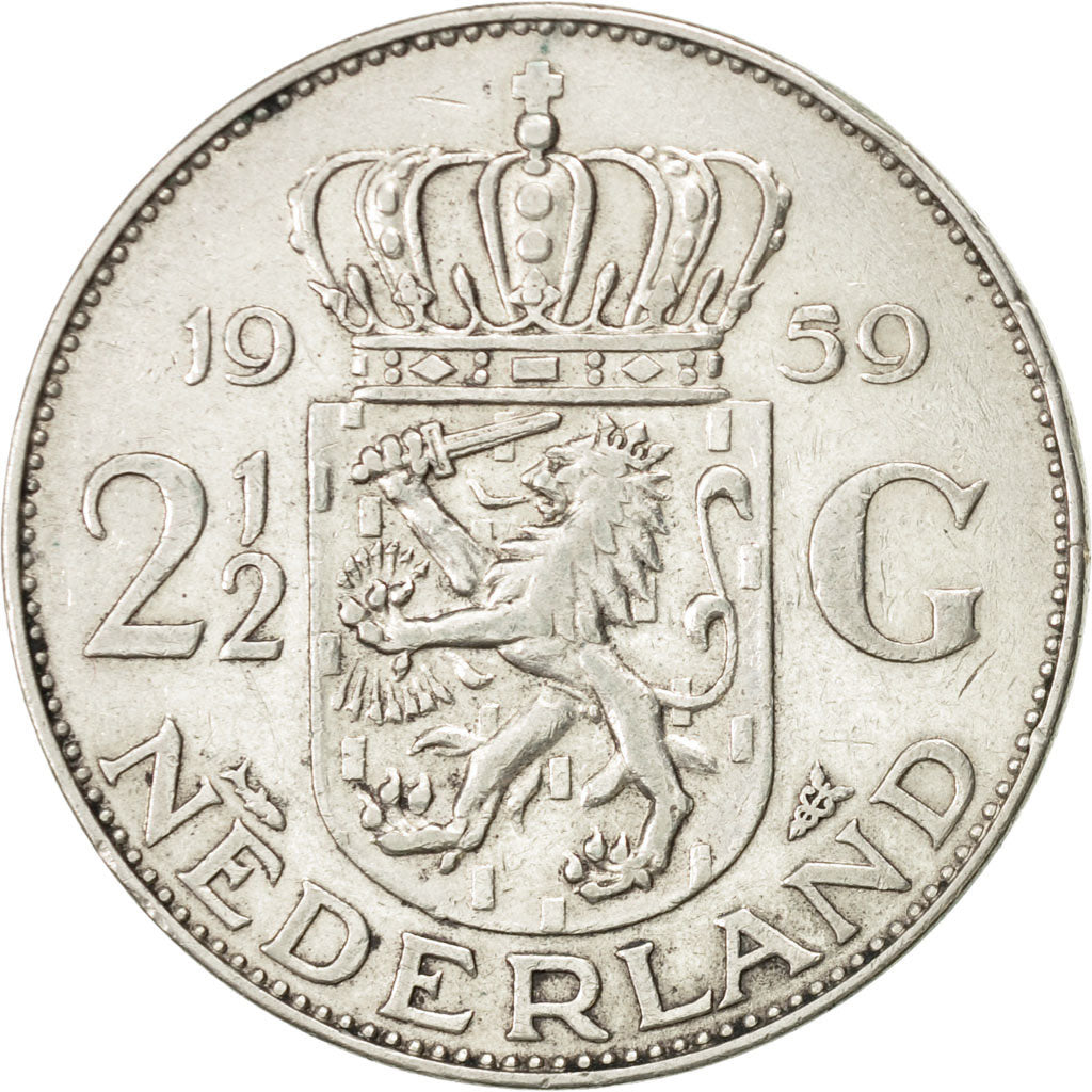 Coin, Netherlands, Juliana, 2-1/2 Gulden, 1959, AU(55-58), Silver, KM:185