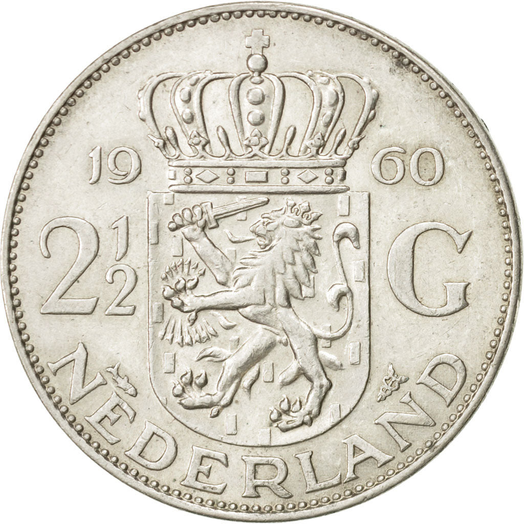 Coin, Netherlands, Juliana, 2-1/2 Gulden, 1960, AU(55-58), Silver, KM:185