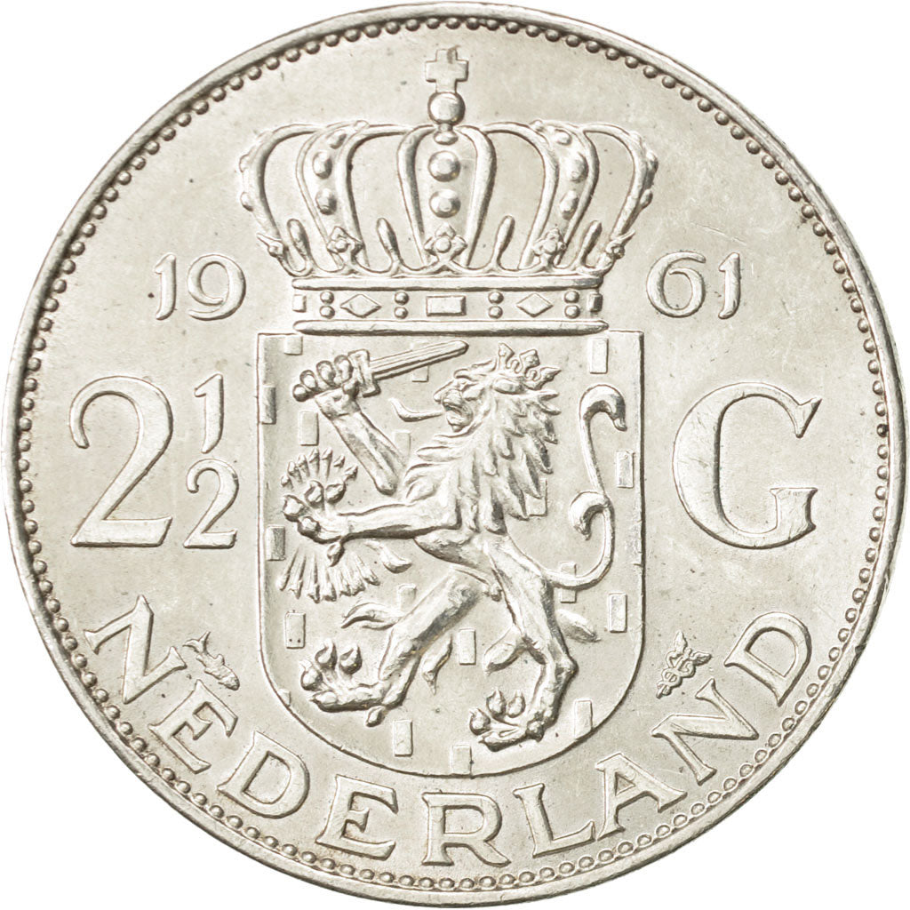 Coin, Netherlands, Juliana, 2-1/2 Gulden, 1961, AU(55-58), Silver, KM:185