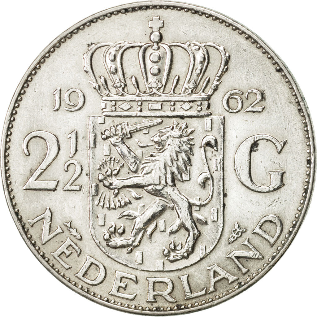 Netherlands, Juliana, 2-1/2 Gulden, 1962, AU(55-58), Silver, KM:185