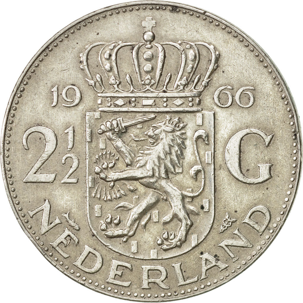 Coin, Netherlands, Juliana, 2-1/2 Gulden, 1966, AU(50-53), Silver, KM:185