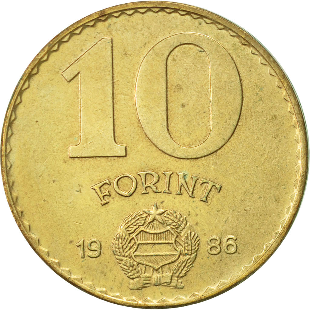 Coin, Hungary, 10 Forint, 1986, Budapest, AU(50-53), Aluminum-Bronze, KM:636