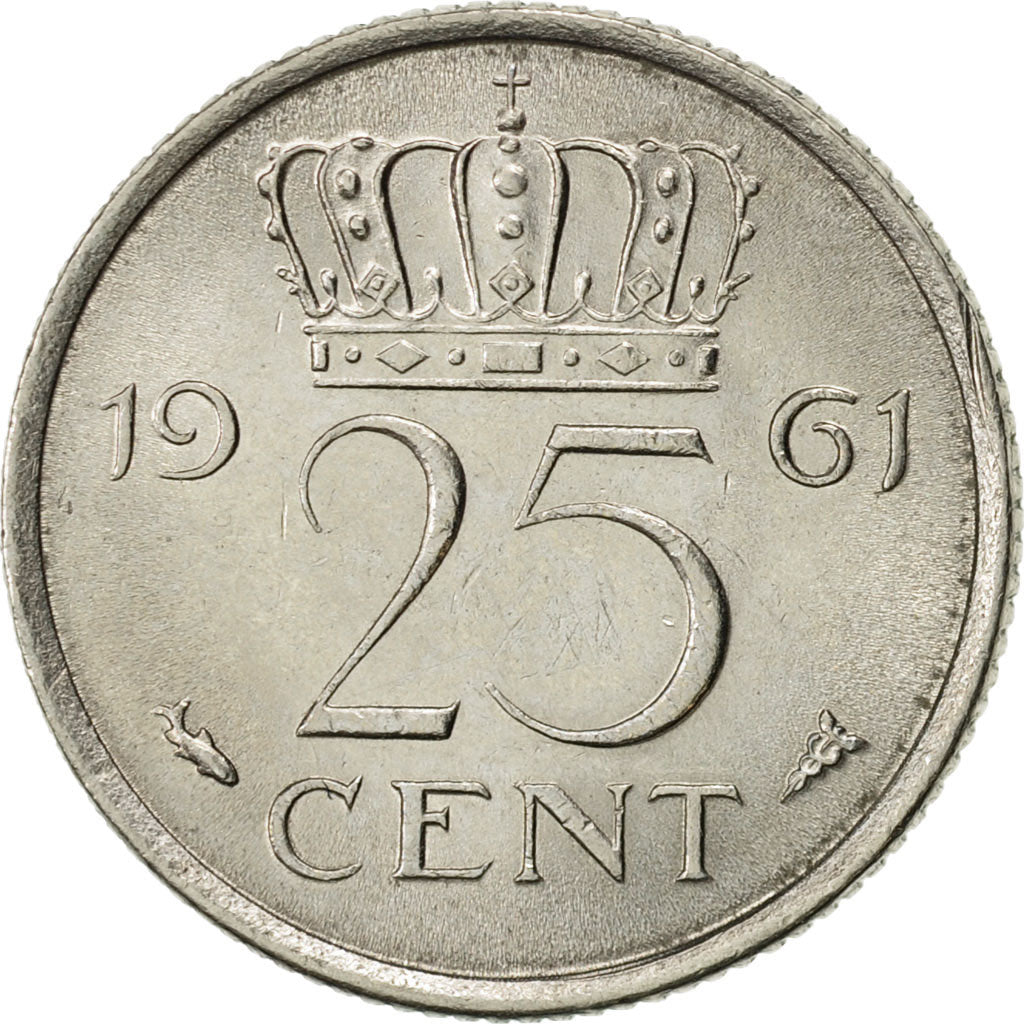 Coin, Netherlands, Juliana, 25 Cents, 1961, AU(55-58), Nickel, KM:183