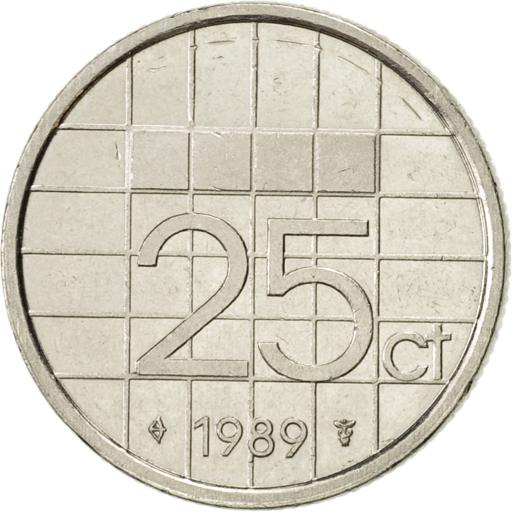 Coin, Netherlands, Beatrix, 25 Cents, 1989, AU(55-58), Nickel, KM:204