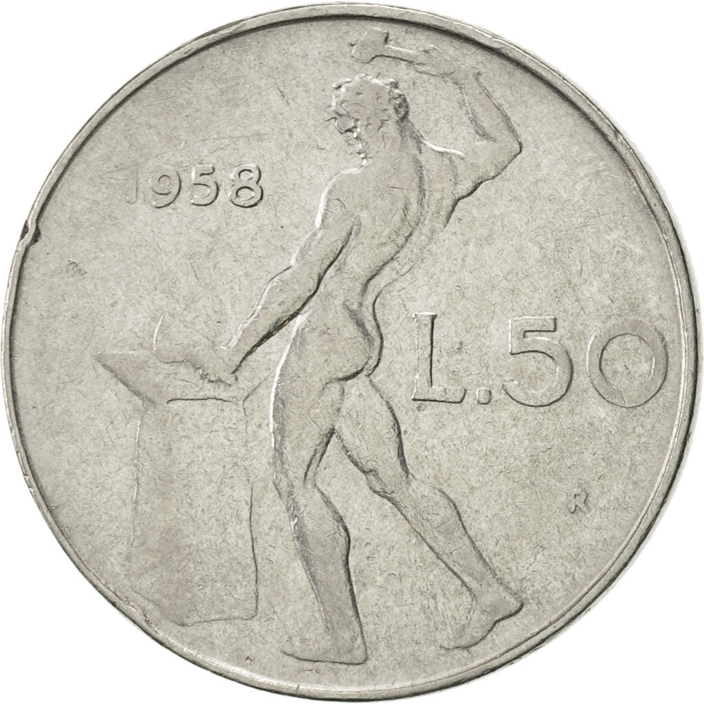 Italy, 50 Lire, 1958, Rome, AU(55-58), Stainless Steel, KM:95.1