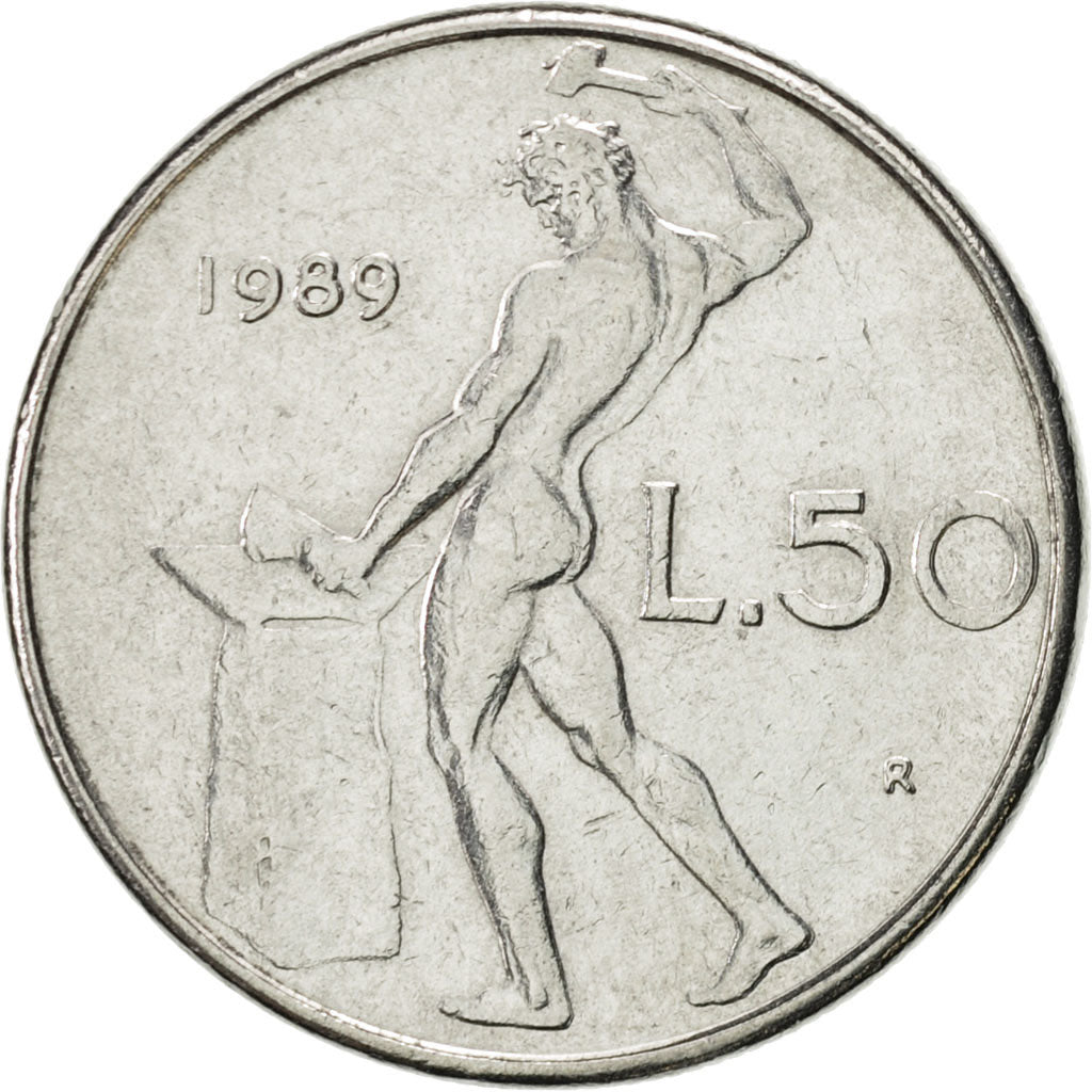Italy, 50 Lire, 1989, Rome, AU(55-58), Stainless Steel, KM:95.1