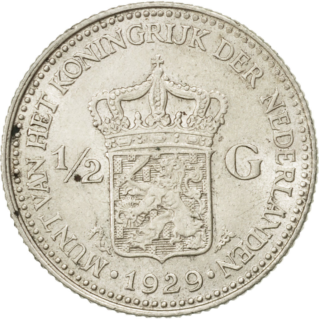 Netherlands, Wilhelmina I, 1/2 Gulden, 1929, AU(50-53), Silver, KM:160