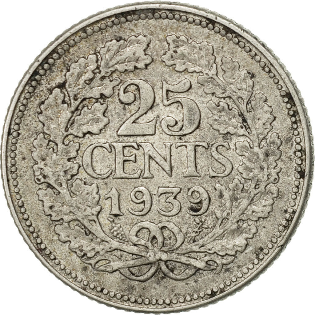 Coin, Netherlands, Wilhelmina I, 25 Cents, 1939, EF(40-45), Silver, KM:164