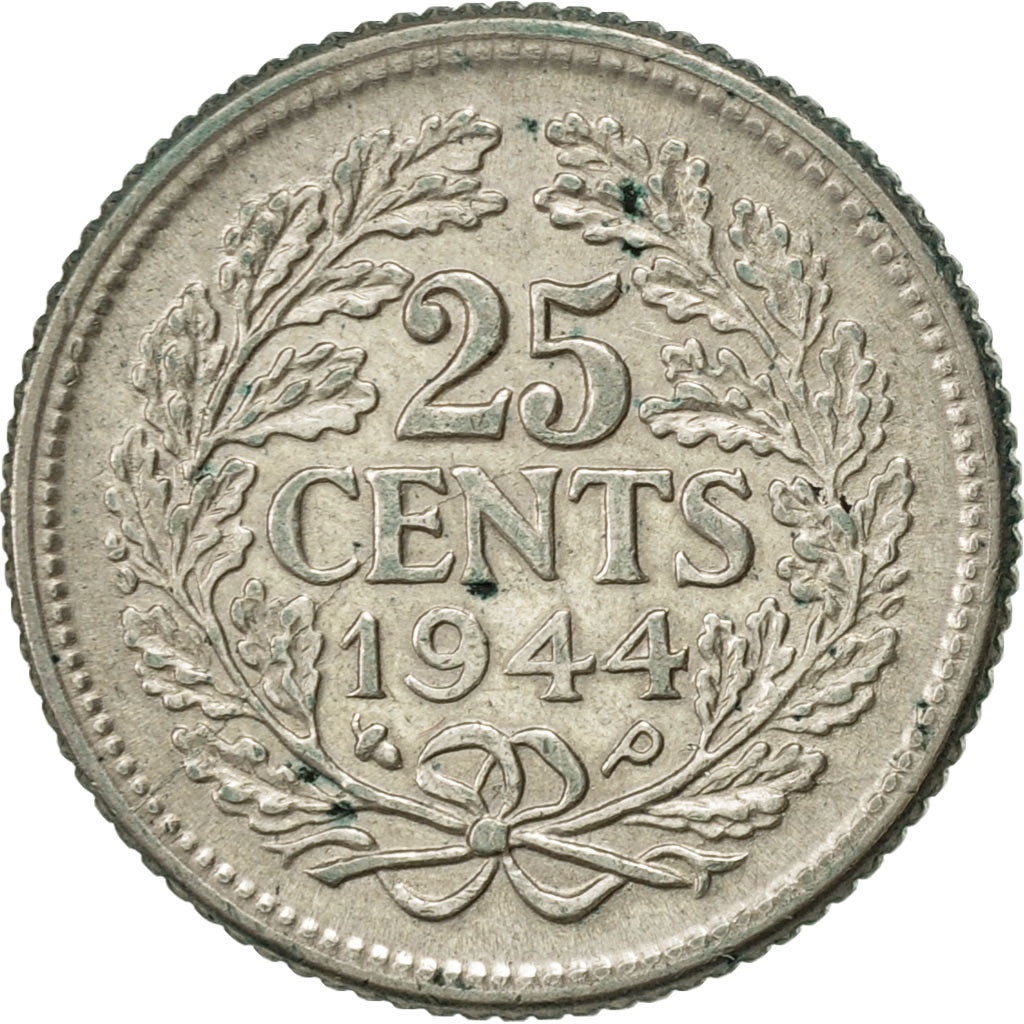 Netherlands, Wilhelmina I, 25 Cents, 1944, AU(50-53), Silver, KM:164