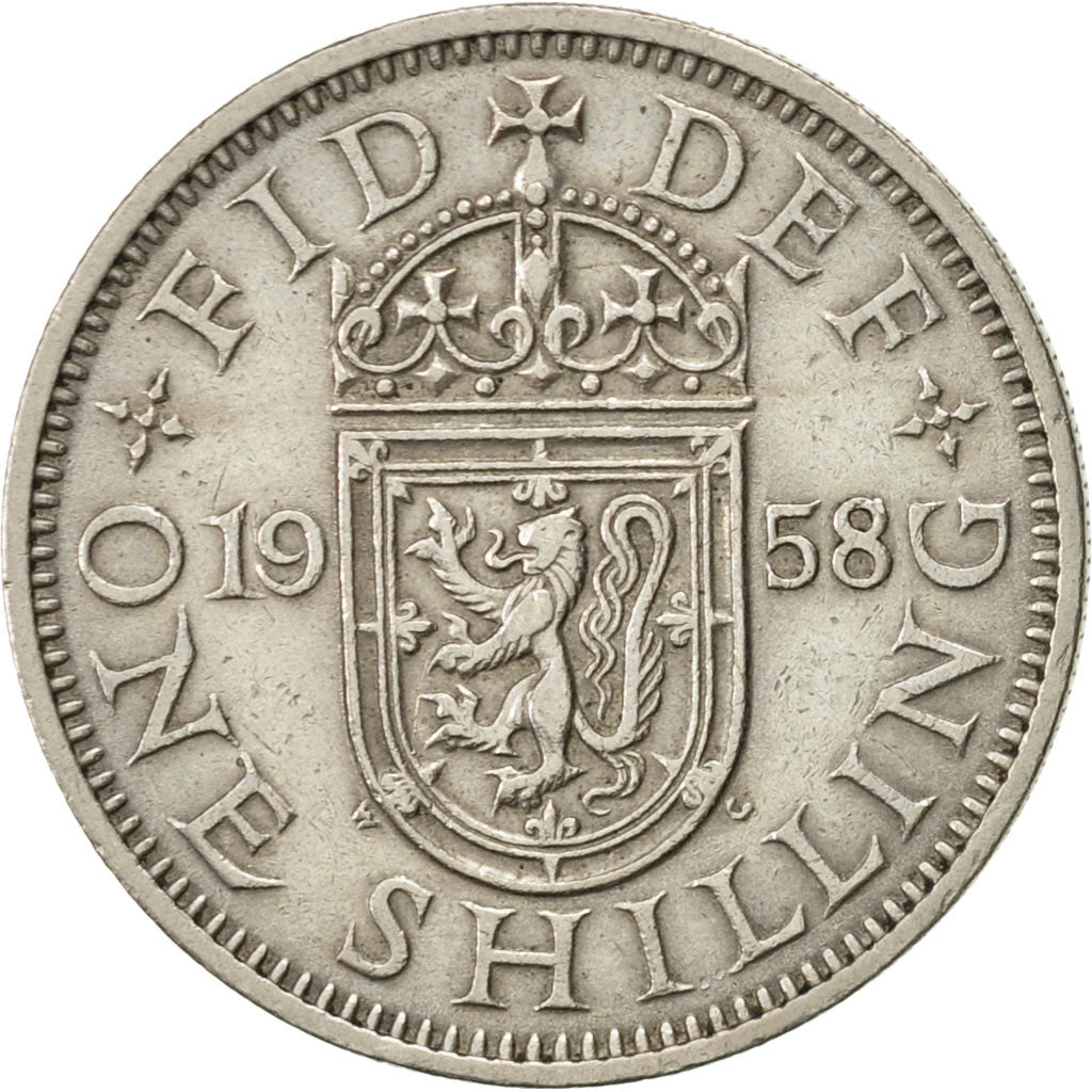 Coin, Great Britain, Elizabeth II, Shilling, 1958, AU(50-53), Copper-nickel