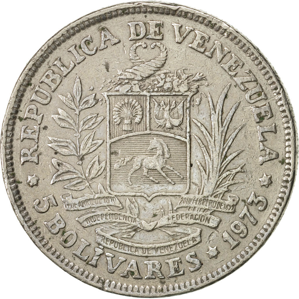 Coin, Venezuela, 5 Bolivares, 1973, Madrid, AU(50-53), Nickel, KM:44