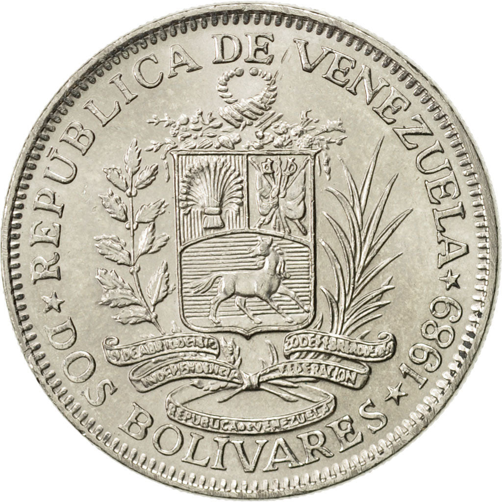 Coin, Venezuela, 2 Bolivares, 1989, AU(55-58), Nickel Clad Steel, KM:43a.1
