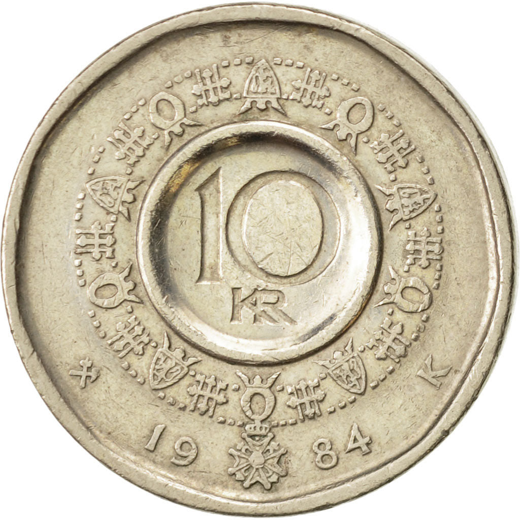 Norway, Olav V, 10 Kroner, 1984, AU(55-58), Nickel-brass, KM:427