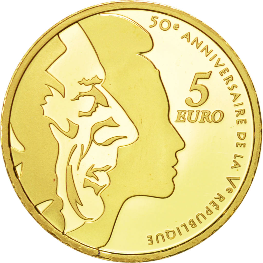 France, 5 Euro, 2008, MS(65-70), Gold, KM:1538