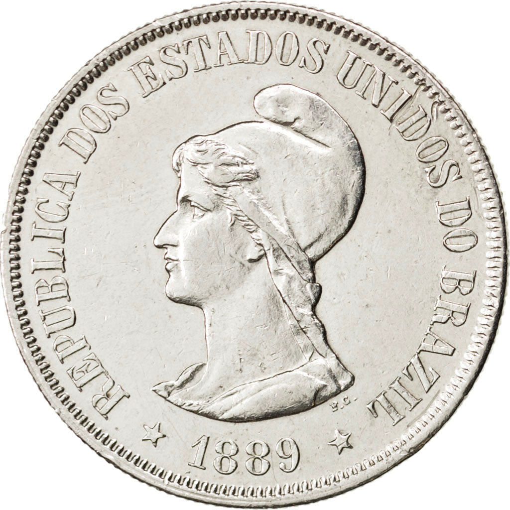 BRAZIL, 500 Reis, 1889, KM #494, AU(55-58), Silver, 6.37