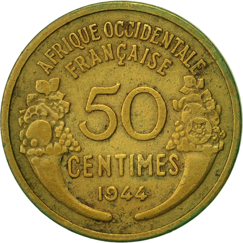 French West Africa, 50 Centimes, 1944, Paris, EF(40-45), Aluminum-Bronze, KM:1