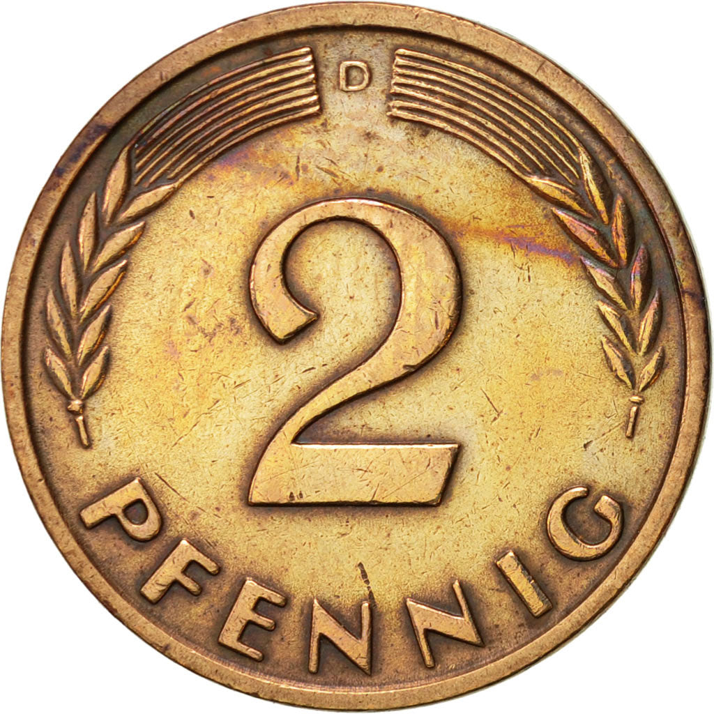 Coin, GERMANY - FEDERAL REPUBLIC, 2 Pfennig, 1961, Munich, AU(55-58), Bronze