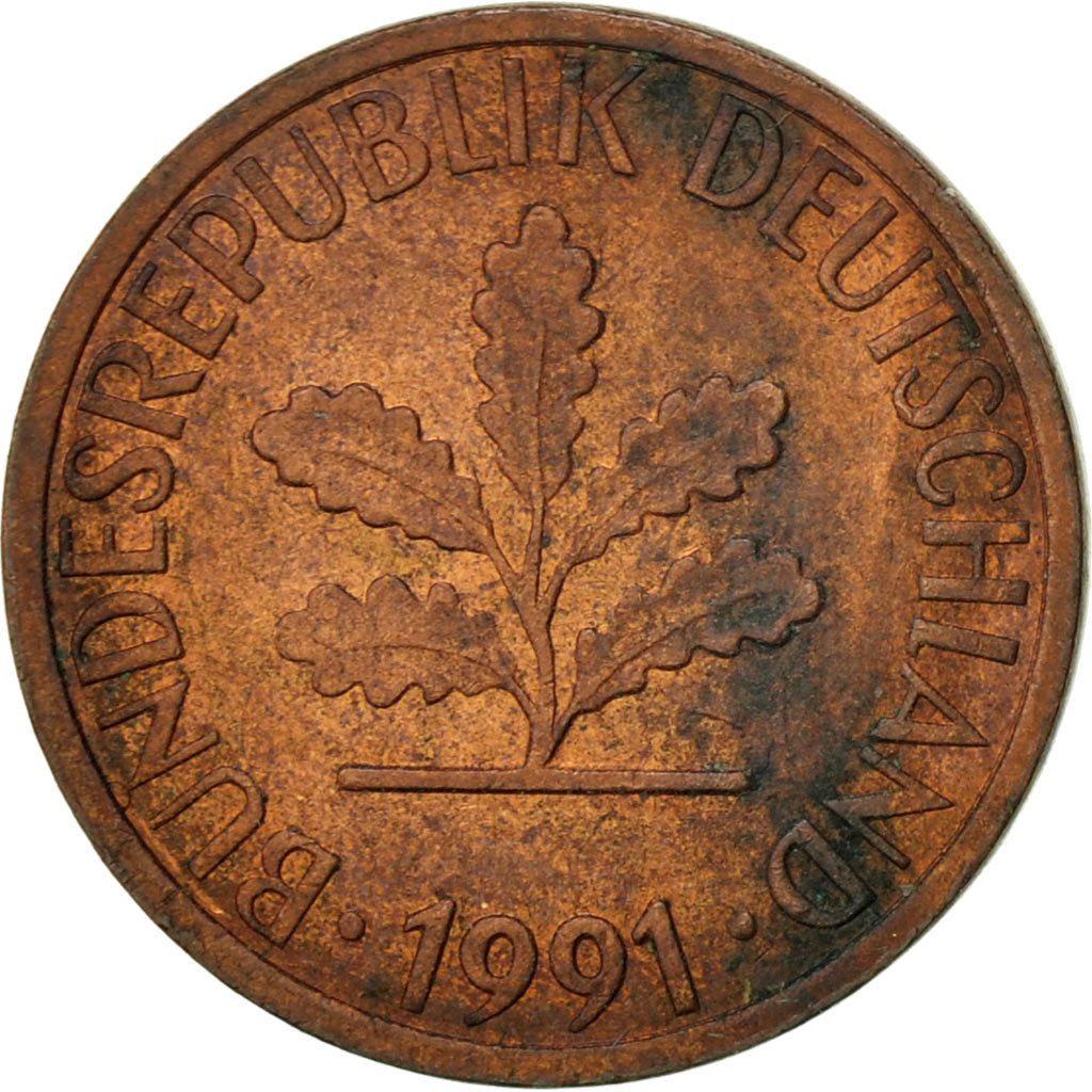 Coin, GERMANY - FEDERAL REPUBLIC, Pfennig, 1991, Stuttgart, EF(40-45), Copper