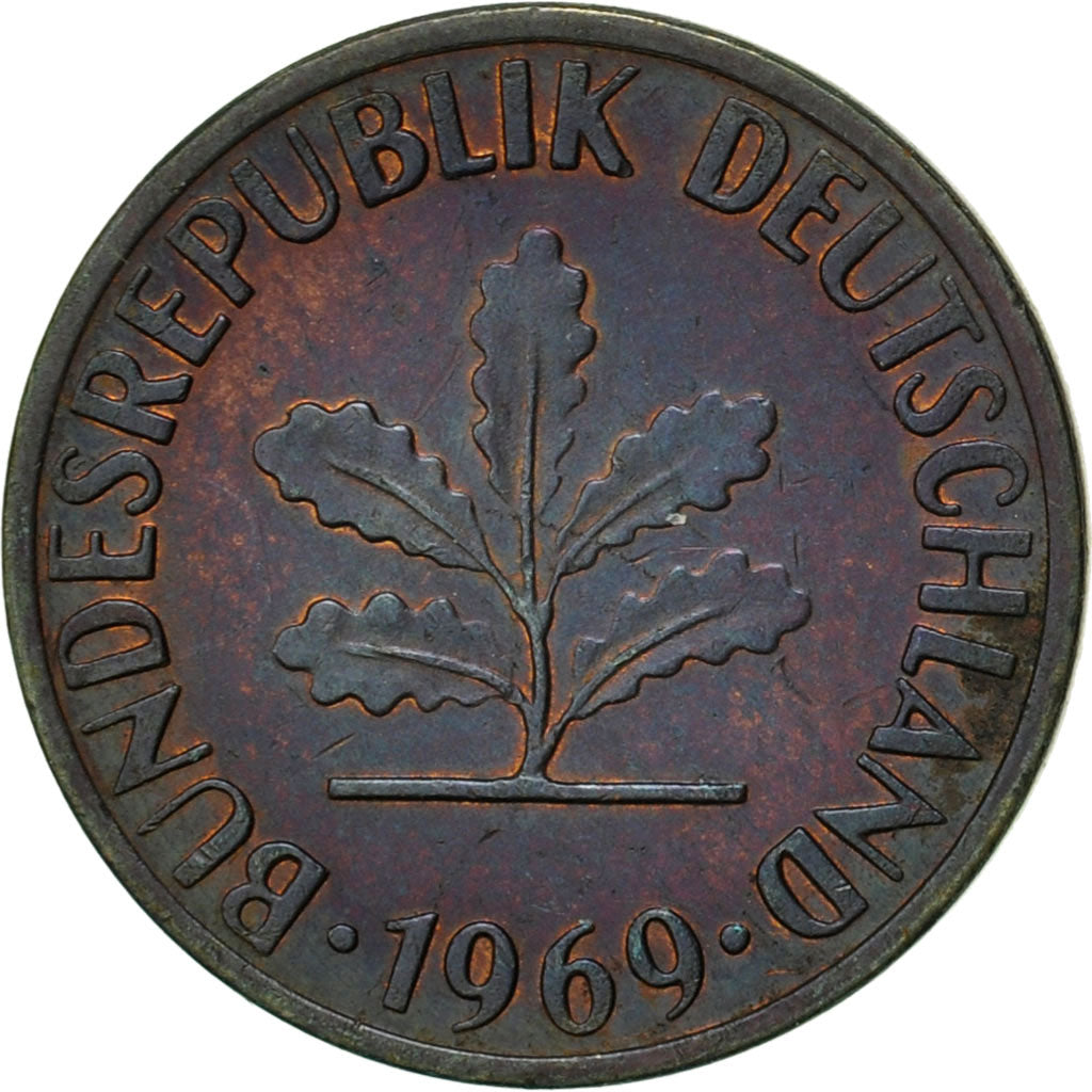 Coin, GERMANY - FEDERAL REPUBLIC, Pfennig, 1969, Stuttgart, EF(40-45), Copper