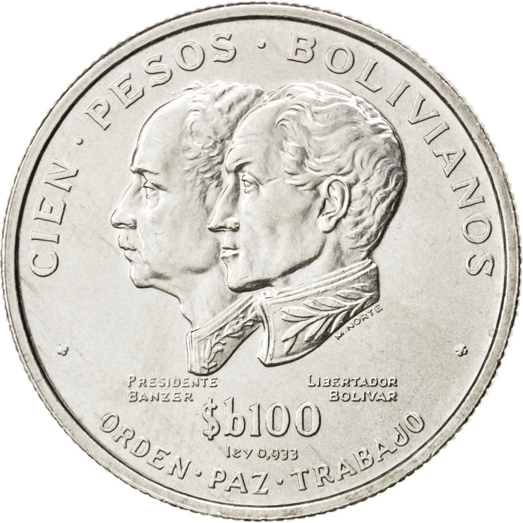 BOLIVIA, 100 Pesos Bolivianos, 1975, KM #194, MS(63), Silver, 9.74