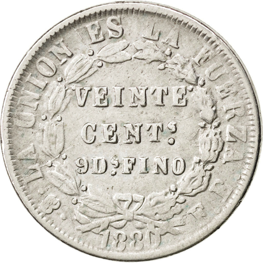 Moneda, Bolivia, 20 Centavos, 1880, MBC, Plata, KM:159.1