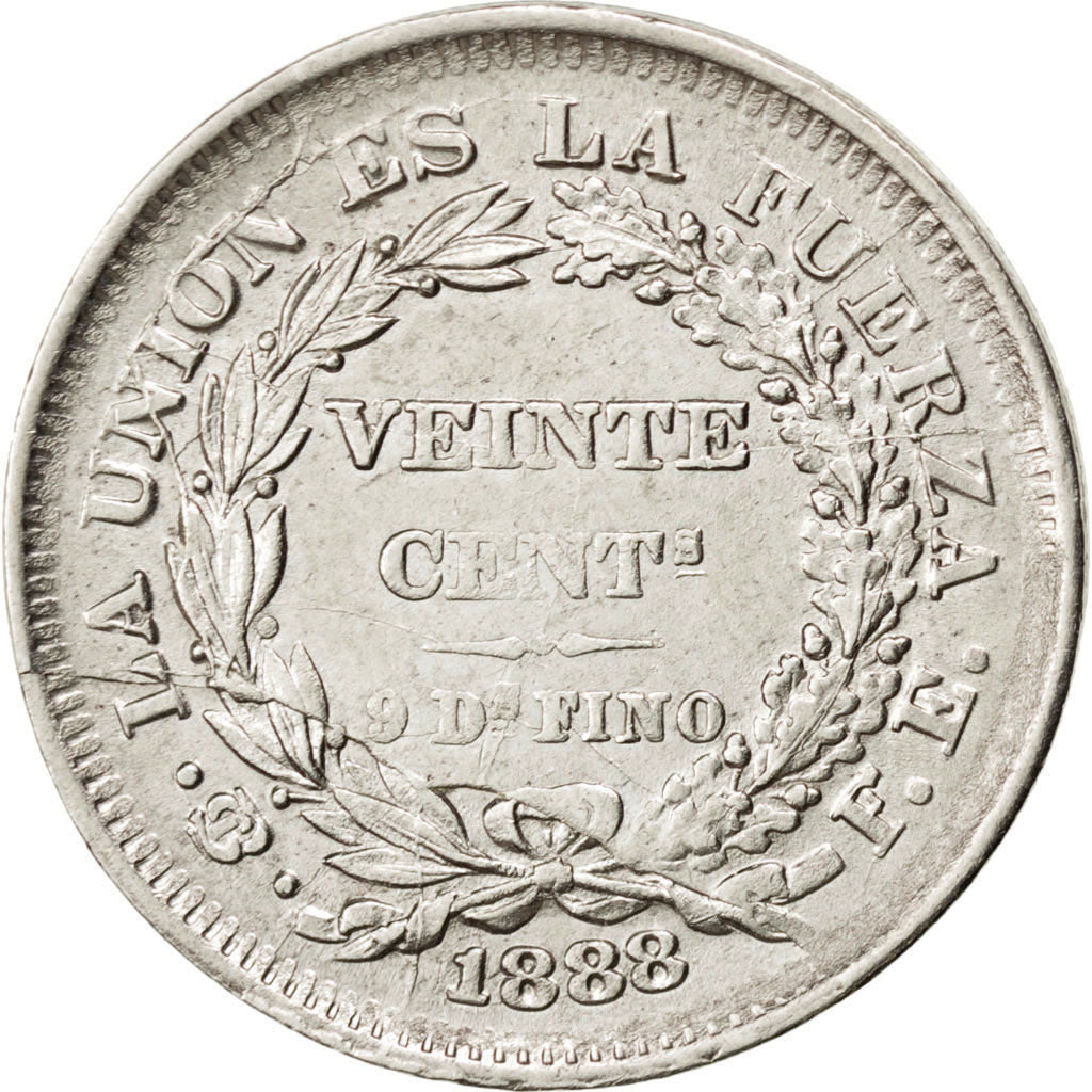 BOLIVIA, 20 Centavos, 1888, KM #159.2, EF(40-45), Silver, 22.5, 4.56