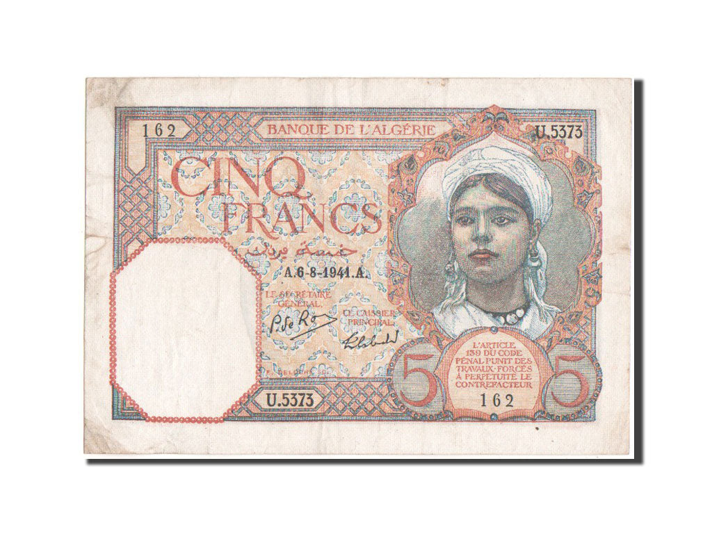 Algeria, 5 Francs, 1941, KM #77a, AU(50-53), U