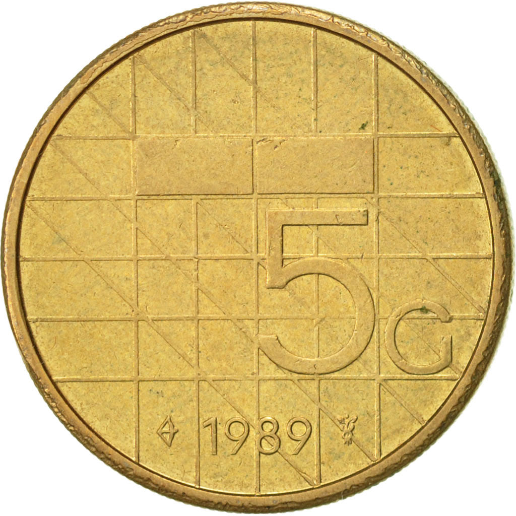 Netherlands, Beatrix, 5 Gulden, 1989, AU(50-53), Bronze Clad Nickel, KM:210