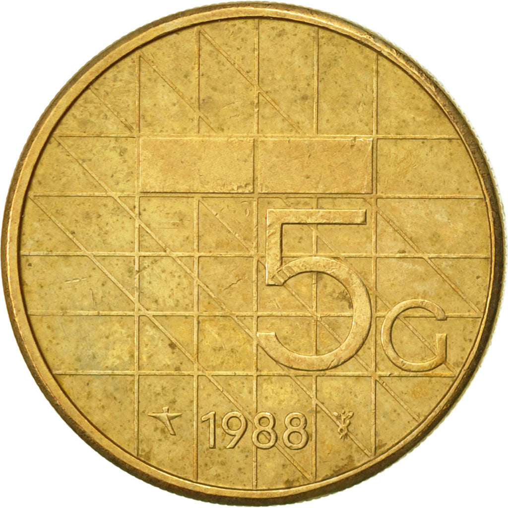 Coin, Netherlands, Beatrix, 5 Gulden, 1988, AU(50-53), Bronze Clad Nickel