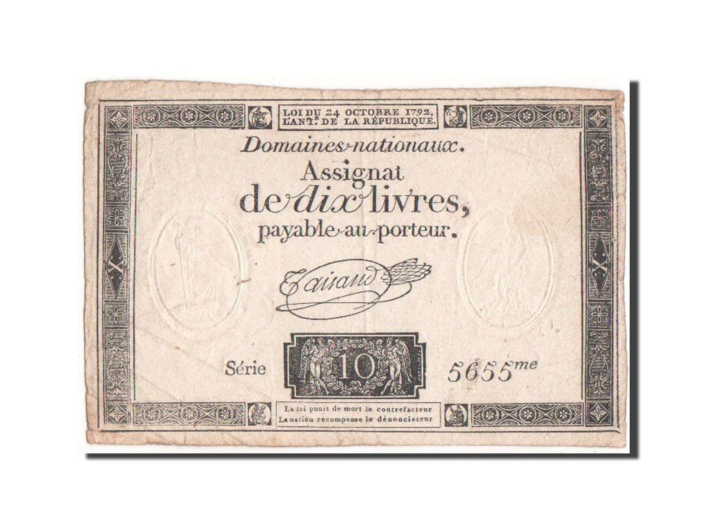 FRANCE, 10 Livres, 1792, EF(40-45), Lafaurie #161b, FRANCE, 10 Livres, 1792,...