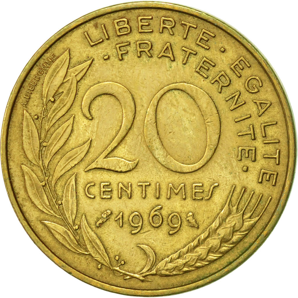 Moneda, Francia, Marianne, 20 Centimes, 1969, Paris, MBC+, Aluminio - bronce