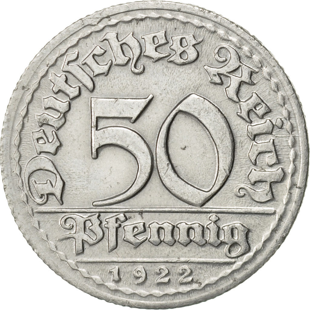 Coin, GERMANY, WEIMAR REPUBLIC, 50 Pfennig, 1922, Munich, AU(55-58), Aluminum