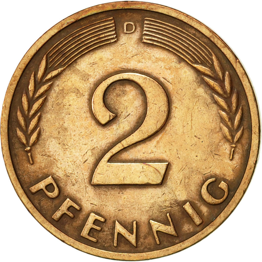 Bundesrepublik Deutschland, 2 Pfennig, 1962, Munich, SS+, Bronze, KM:106