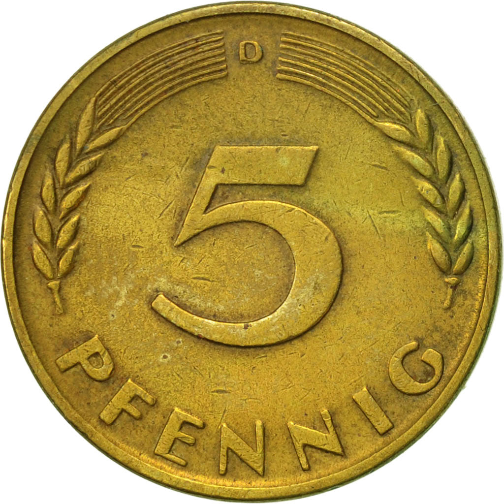 Coin, GERMANY - FEDERAL REPUBLIC, 5 Pfennig, 1967, Munich, AU(55-58), Brass Clad