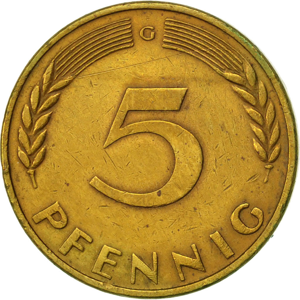Moneda, ALEMANIA - REPÚBLICA FEDERAL, 5 Pfennig, 1970, Karlsruhe, MBC+, Latón