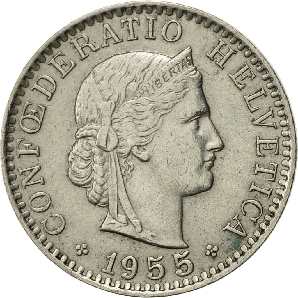 Coin, Switzerland, 20 Rappen, 1955, Bern, AU(55-58), Copper-nickel, KM:29a