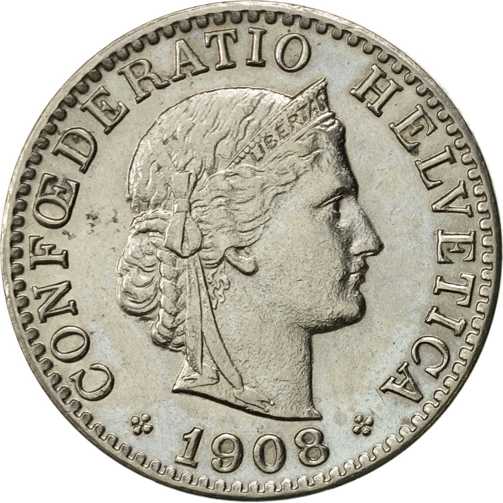 Switzerland, 20 Rappen, 1908, Bern, AU(55-58), Nickel, KM:29