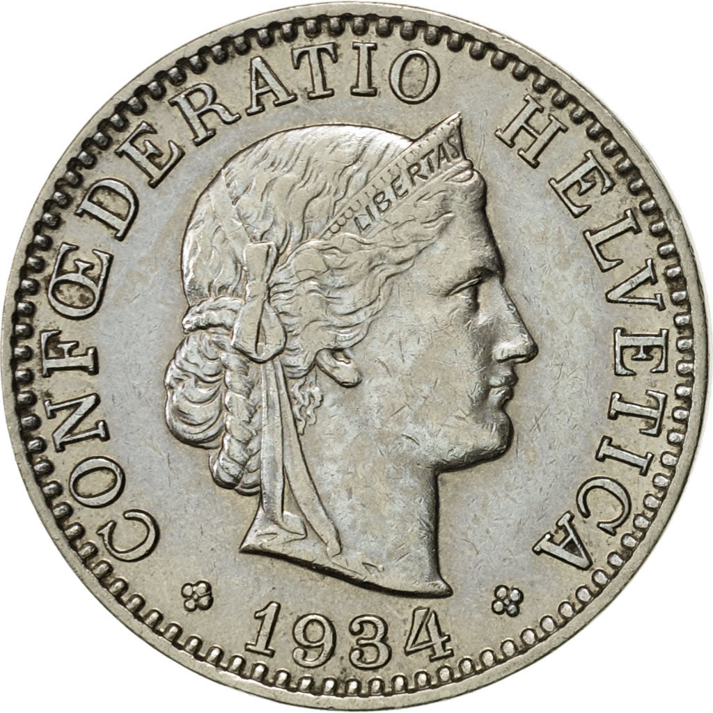 Coin, Switzerland, 20 Rappen, 1934, Bern, AU(55-58), Nickel, KM:29