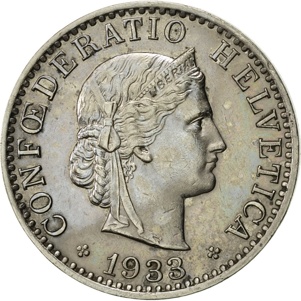 Switzerland, 20 Rappen, 1933, Bern, AU(55-58), Nickel, KM:29