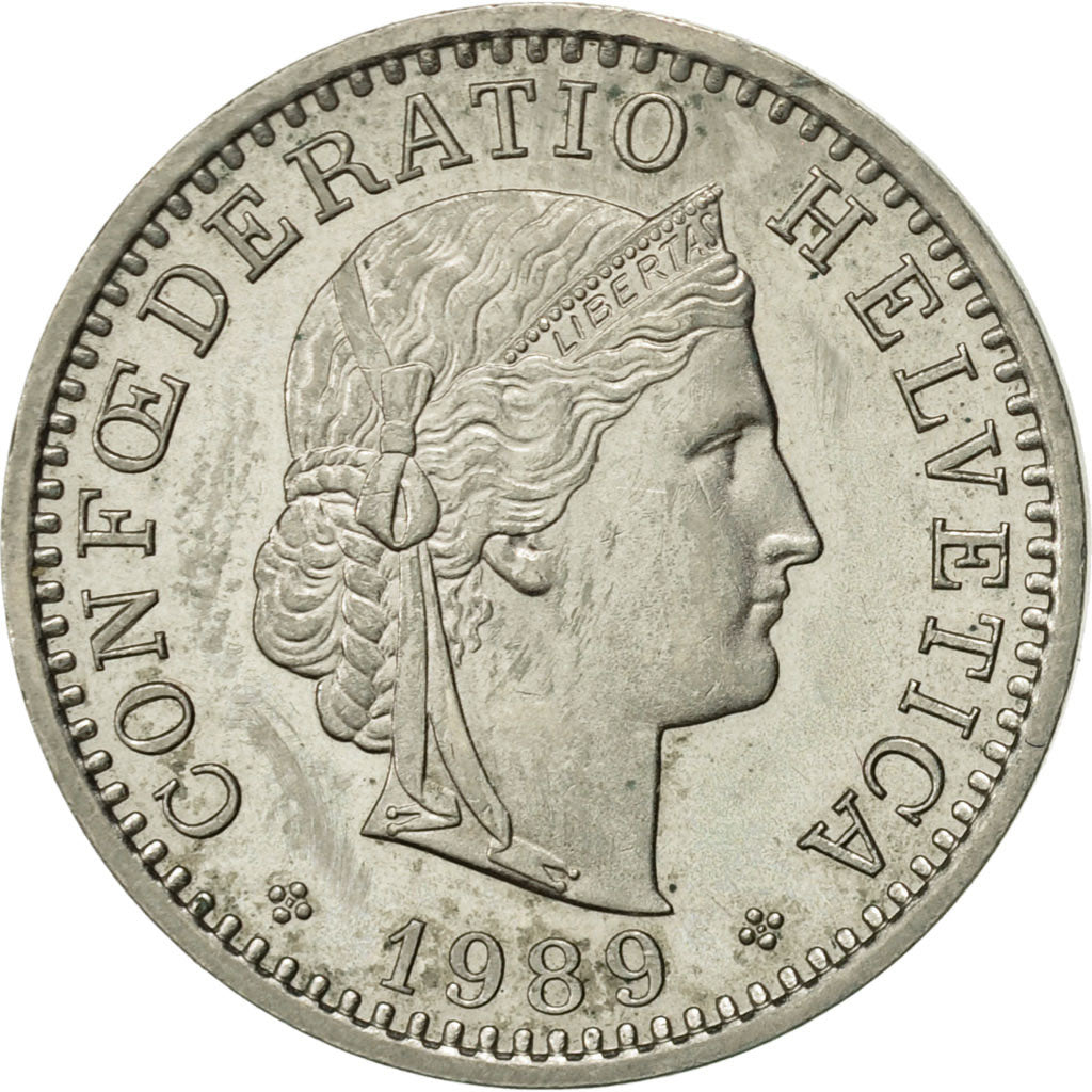 Coin, Switzerland, 20 Rappen, 1989, Bern, AU(55-58), Copper-nickel, KM:29a
